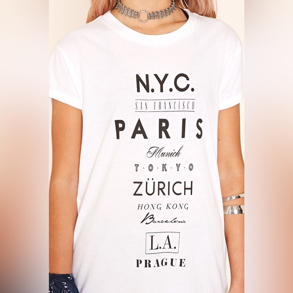 NWT Forever 21 World Traveller Wanderlust Jet Set Cities Tee Shirt Top L
